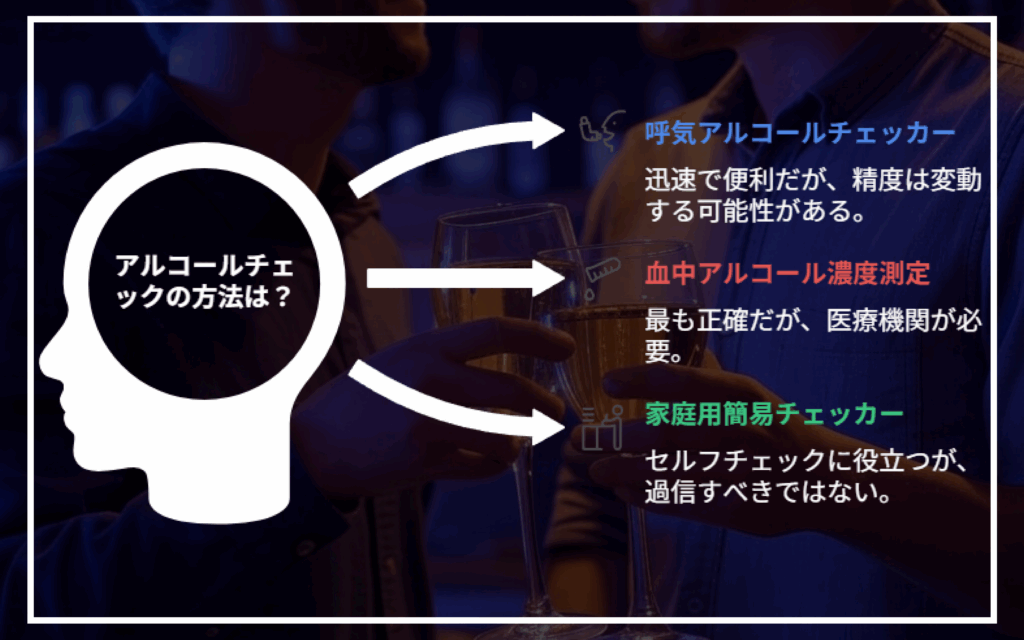 アルコールチェックの方法は?
呼気アルコールチェッカー
迅速で便利だが、精度は変動する可能性がある。
血中アルコール濃度測定
最も正確だが、医療機関が必要。
家庭用簡易チェッカー
セルフチェックに役立つが、過信すべきではない。