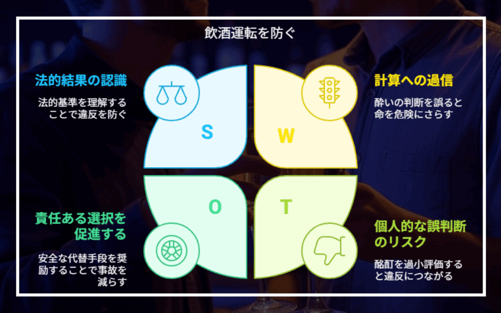 飲酒運転を防ぐ
法的結果の認識
法的基準を理解することで違反を防ぐ
責任ある選択を促進する
安全な代替手段を奨励することで事故を減らす
計算への過信
酔いの判断を誤ると命を危険にさらす
個人的な誤判断のリスク
酩酊を過小評価すると違反につながる