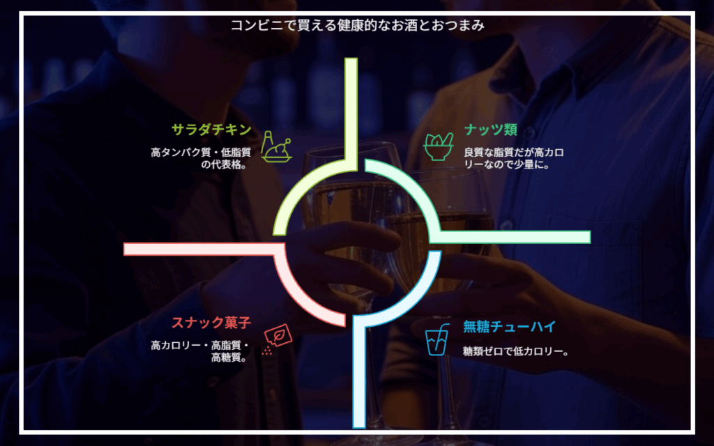 コンビニで買える健康的なお酒とおつまみ
サラダチキン
ナッツ類
高タンパク質・低脂質の代表格。
良質な脂質だが高カロリーなので少量に。
スナック菓子
無糖チューハイ
高カロリー・高脂質・高糖質。
糖類ゼロで低カロリー。