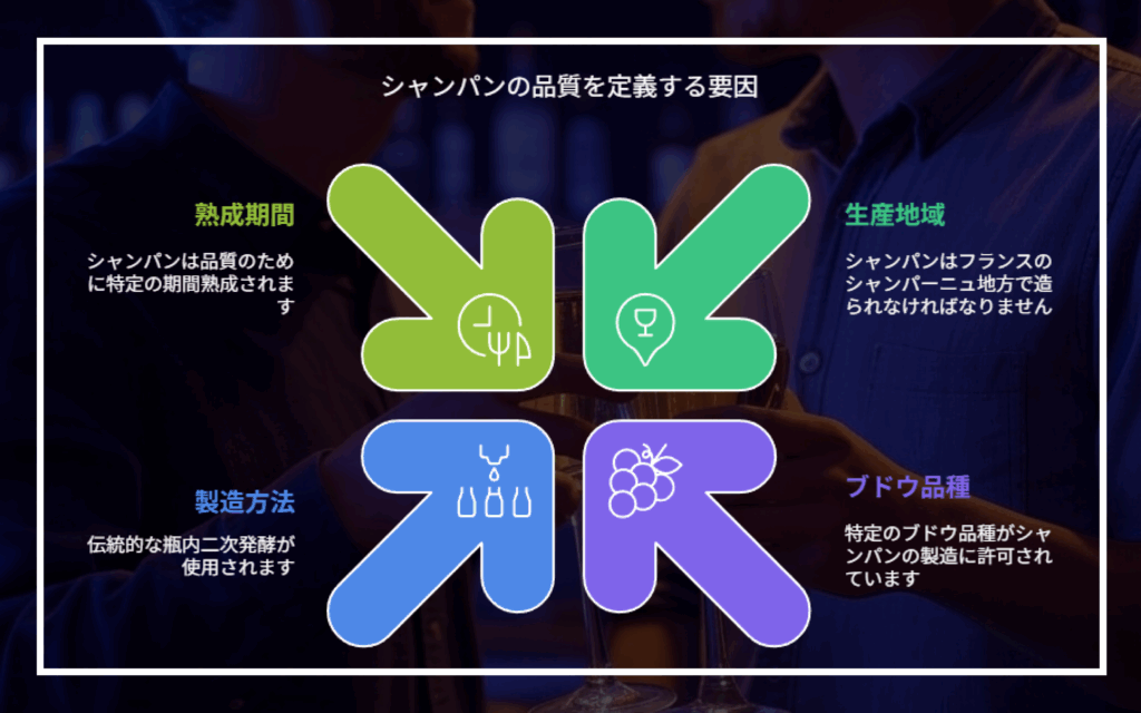 シャンパンの品質を定義する要因
熟成期間
シャンパンは品質のために特定の期間熟成されます
製造方法
伝統的な瓶内二次発酵が使用されます
清算地域
シャンパンはフランスのシャンパーニュ地方で作られなければなりません
ブドウ品種
特定のブドウ品種がシャンパンの製造に許可されます